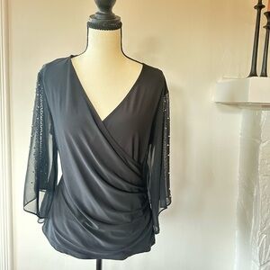 MSK Black Sheer Sleeve Wrap Blouse
